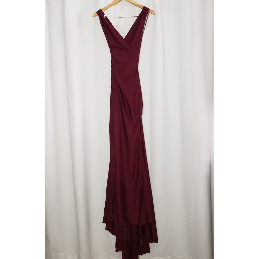 La Femme Burgundy Ruched Open Back V-Neck Formal Gown Dress Size 2 - Picture 2 of 11